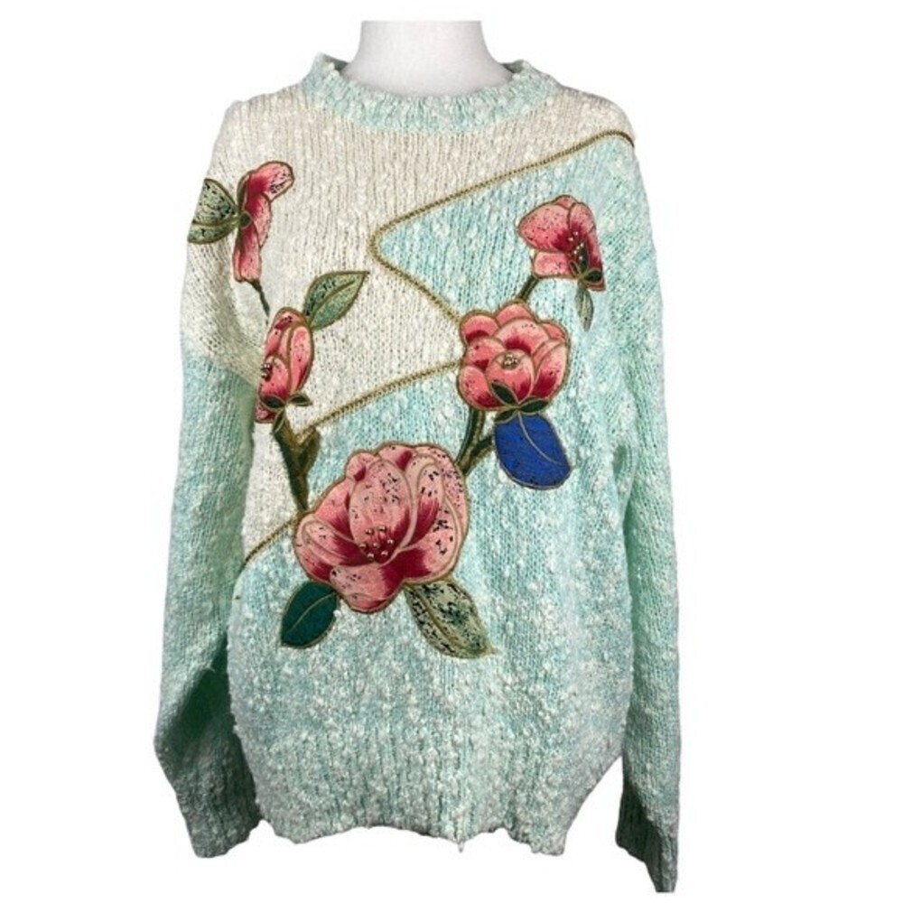 Floral Embroidered Sweater Womens Extra Large Green Beige Pullover Casual